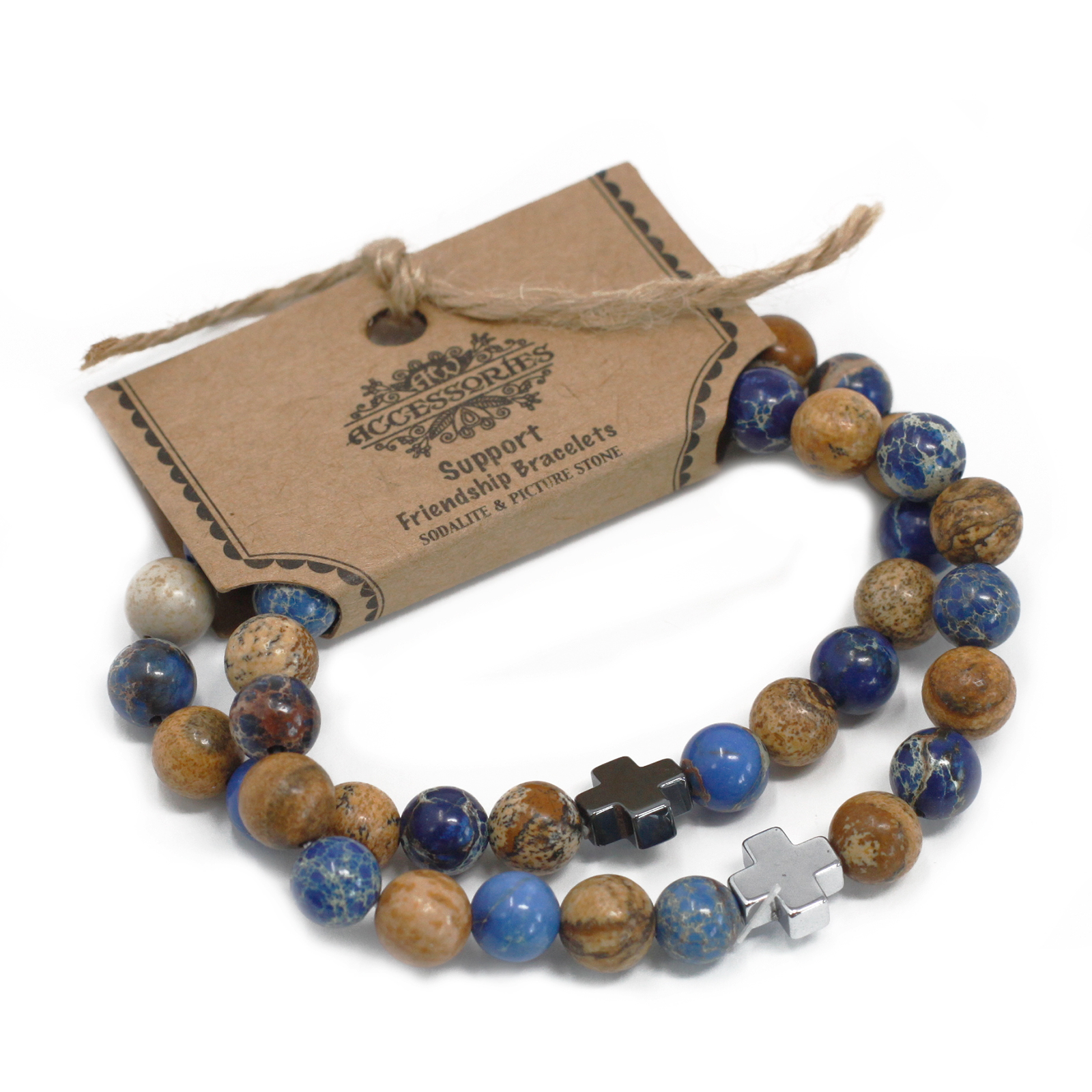 Set of 2 Gemstones Friendship Bracelets - Support - Sodalite & Picture Stone