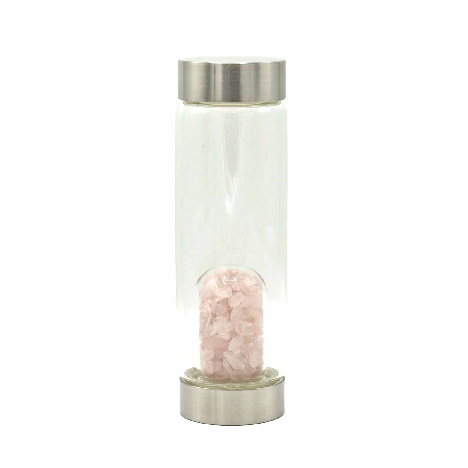 Crystal Infused Glass Water Bottle - Rejuvenating Rose Quartz - Chips