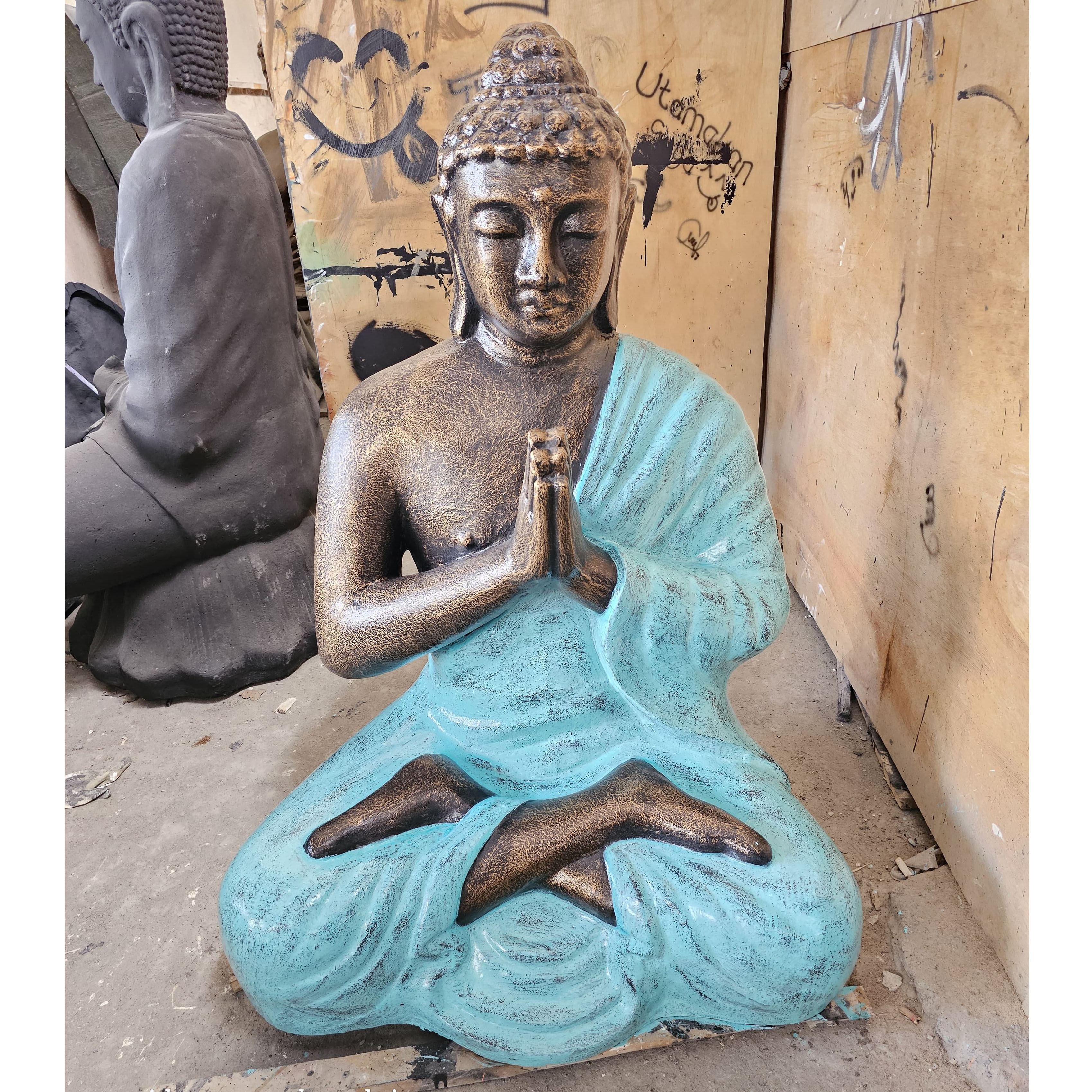 Med Large Turquoise & Gold Praying Buddha Statue - 1.2m Tall